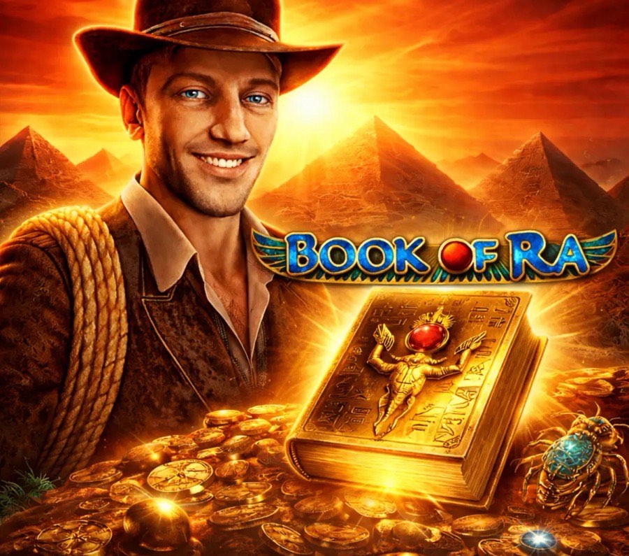 Book of Ra Key Art mit dem goldenen Buch und dem Forscher vor den Pyramiden