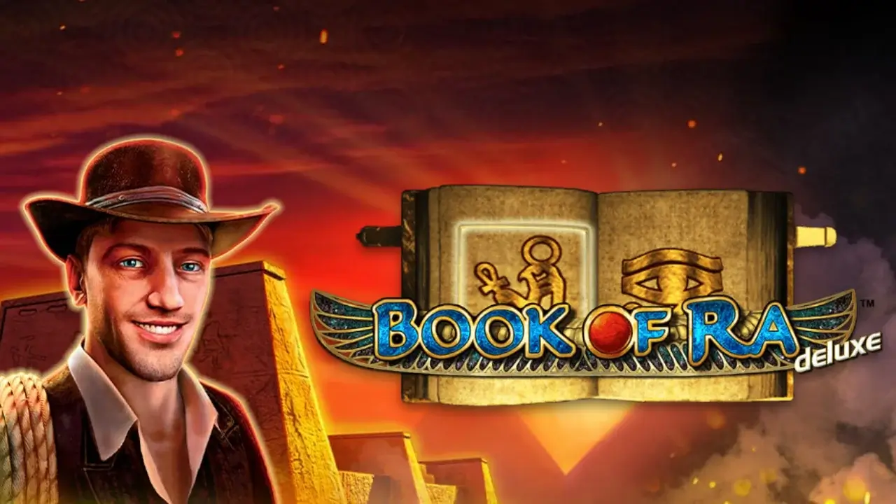 Book of Ra Key Art: goldenes Buch vor ägyptischen Hieroglyphen und Walzensymbolen